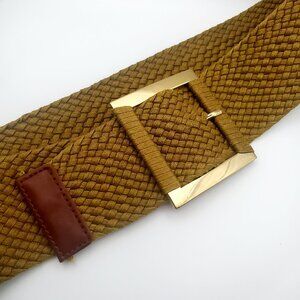 ALDO Women's Woven Wide Belt Gold Brown Square Buckle Faux Leather Trim Boho